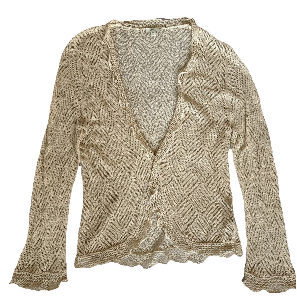 VTG Y2K J Jill Silk Linen Knit Crochet Cardigan Beige Romantic Cottagecore XL